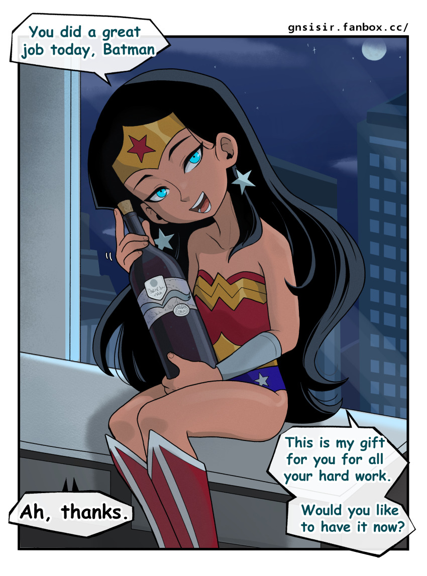 1girl absurdres black_hair blue_eyes bottle bracer breasts building circlet city collarbone dc_comics earrings english_text feet_out_of_frame female_focus gnsisir hair_over_shoulder head_tilt highres holding holding_bottle jewelry kneeboots ledge leotard loli long_hair looking_at_viewer moon night night_sky open_mouth outdoors paid_reward_available red_footwear sitting sky small_breasts smile solo speech_bubble star_(symbol) star_earrings strapless strapless_leotard teeth thighs tongue very_long_hair wine_bottle wonder_woman wonder_woman_(series)