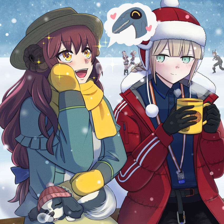 1girl 4boys animal animal_on_lap beanie black_gloves blonde_hair blush braid brown_hair captain_nemo_(fate) captain_nemo_(santa)_(fate) commentary_request cup engineer_nemo_(fate) engineer_nemo_(santa)_(fate) fate/grand_order fate_(series) gloves green_eyes hat highres holding holding_cup long_braid long_hair marine_nemo_(fate) marine_nemo_(santa)_(fate) mary_anning_(fate) mittens mug multiple_boys nemo_(fate) on_lap outdoors plesiosaur pom_pom_(clothes) pom_pom_beanie red_sweater ringono-uta_s-r-_27 scarf single_braid smile snow spaniel_(dog) sparkle speech_bubble spoken_character steam sweater yellow_eyes yellow_mittens yellow_scarf