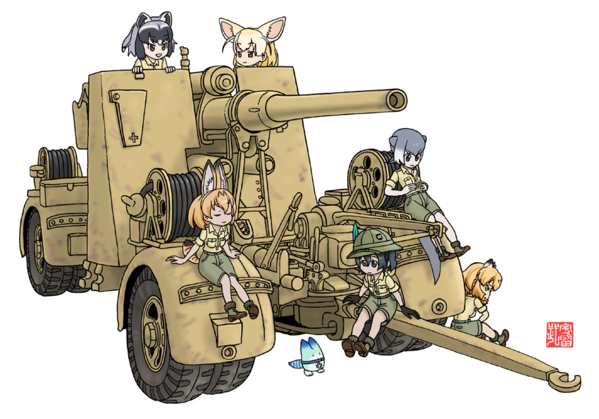 10s 6+girls 88_flak afrika_korps animal_ears ankle_boots black_eyes black_gloves black_hair blonde_hair blue_eyes boots brown_eyes cannon closed_eyes common_raccoon_(kemono_friends) cross fennec_(kemono_friends) gloves hand_on_own_stomach helmet iron_cross jaguar_(kemono_friends) kaban_(kemono_friends) kemono_friends looking_at_another lucky_beast_(kemono_friends) m.wolverine medal military military_uniform millipen_(medium) multiple_girls pen_(medium) serval_(kemono_friends) shorts signature simple_background sitting sleeves_rolled_up small-clawed_otter_(kemono_friends) soldier traditional_media white_background world_war_ii