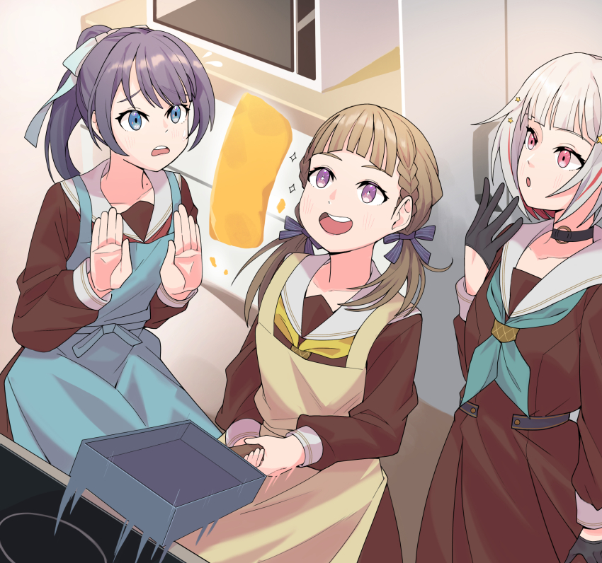 +_+ 3girls :d :o apron aqua_neckerchief black_choker black_gloves blue_apron blue_eyes blue_hair blue_ribbon bob_cut braid brown_dress brown_hair center-flap_bangs check_commentary choker collarbone colored_inner_hair commentary_request d: dark_blue_hair dress flying_sweatdrops food frying_pan gloves goldluck hair_ornament hair_ribbon half_gloves hand_up hasu_no_sora_school_uniform highres holding holding_frying_pan inverted_bob kachimachi_kosuzu link!_like!_love_live! long_hair long_sleeves looking_at_object looking_up love_live! low_twintails makiyakinabe microwave mole mole_on_neck multicolored_hair multiple_girls murano_sayaka neckerchief o-ring o-ring_choker official_alternate_hairstyle omelet open_mouth pink_eyes pleated_dress purple_eyes red_hair red_neckerchief ribbon sailor_collar sailor_dress school_uniform short_hair side_braids smile sparkle star_(symbol) star_hair_ornament stop_(gesture) streaked_hair tamagoyaki teeth twintails two-handed upper_teeth_only virtual_youtuber white_hair white_sailor_collar winter_uniform worried yellow_apron yellow_neckerchief yugiri_tsuzuri