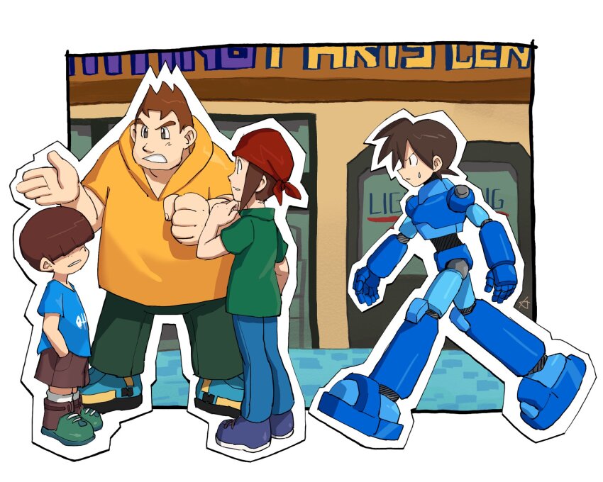 4boys armor bandana blue_armor blue_pants blue_shirt brown_hair brown_shorts character_request green_pants green_shirt hair_over_eyes highres hood hoodie karen_(karenoni1031) male_focus mega_man_(series) mega_man_legends_(series) mega_man_volnutt multiple_boys pants red_bandana shirt short_hair shorts talking walking yellow_hoodie