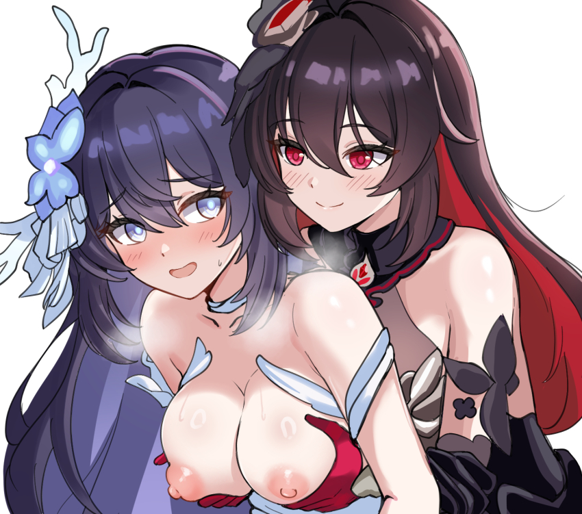 2girls bare_shoulders black_dress black_hair blue_eyes blue_hair breasts bug butterfly colored_inner_hair dress flower gloves grabbing_another&#039;s_breast grabbing_from_behind groping hair_between_eyes hair_flower hair_ornament heavy_breathing highres honkai_(series) honkai_impact_3rd insect long_hair mini2chainz multicolored_hair multiple_girls nipples red_eyes red_gloves red_hair seele_(alter_ego) seele_vollerei seele_vollerei_(herrscher_of_rebirth) seele_vollerei_(starchasm_nyx) selfcest smile sweatdrop two-tone_hair white_dress yuri