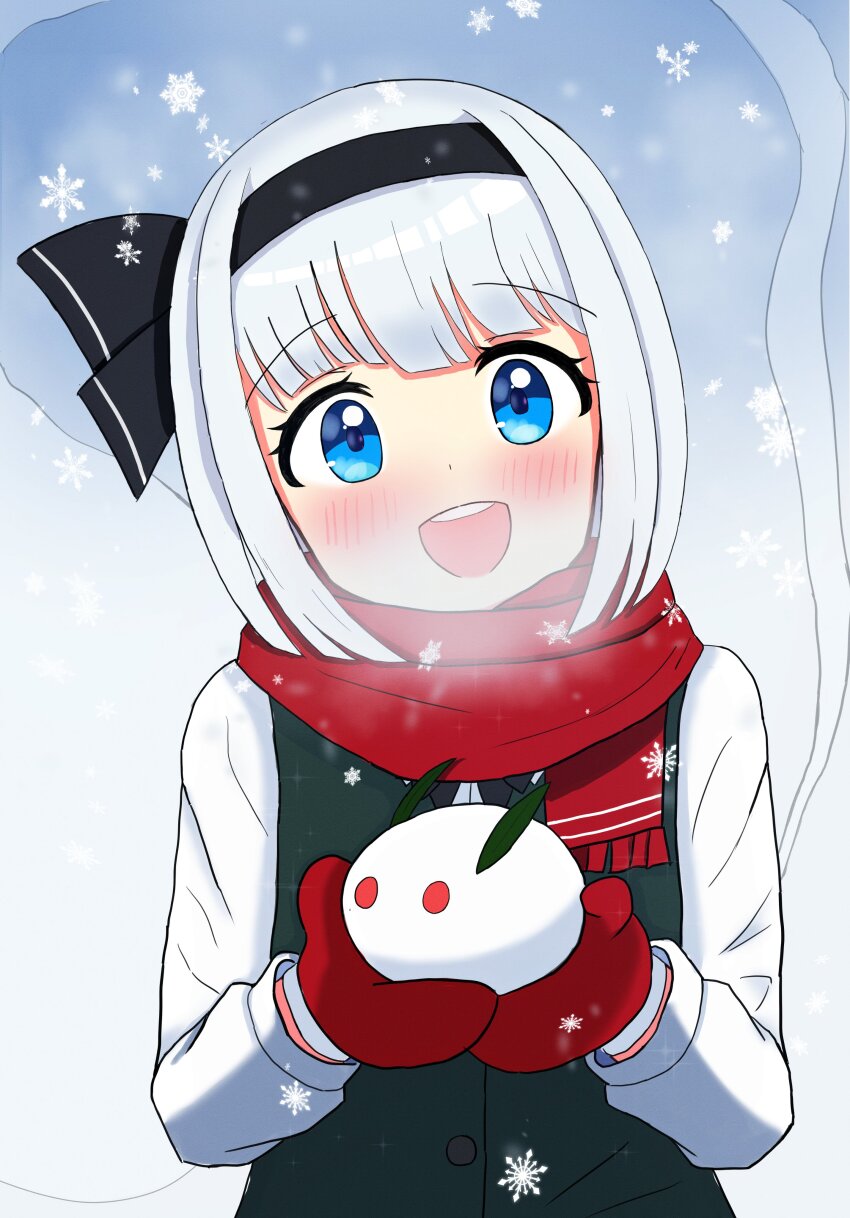 1girl absurdres black_hairband blue_eyes blush breath commentary_request green_vest grey_hair hairband highres hitodama konpaku_youmu konpaku_youmu_(ghost) long_sleeves looking_at_viewer mittens open_mouth pancetta_(twitter_1735264787037396992) red_mittens red_scarf scarf shirt smile snow_rabbit snowflakes solo touhou vest white_shirt