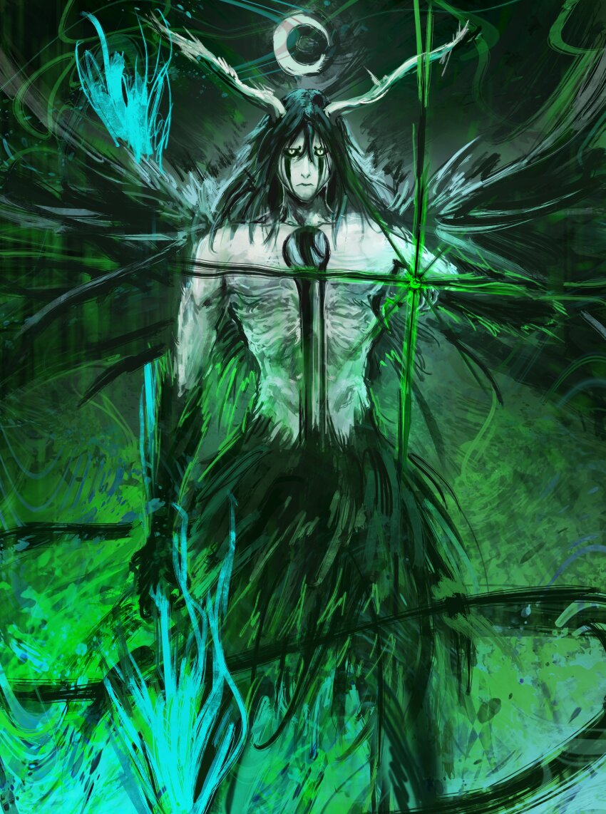 1boy absurdres alternate_form arm_at_side black_fur black_hair black_sclera black_wings bleach body_fur closed_mouth colored_sclera colored_skin commentary crescent_moon demon_boy demon_horns demon_tail demon_wings energy_weapon english_commentary facial_mark feet_out_of_frame fighting_stance hair_between_eyes hand_up highres holding holding_weapon hole_in_chest hole_on_body horns incoming_attack long_hair looking_at_viewer male_focus moon night nitrovu outdoors resurreccion slit_pupils solo standing tail ulquiorra_cifer weapon white_eyes white_skin wings