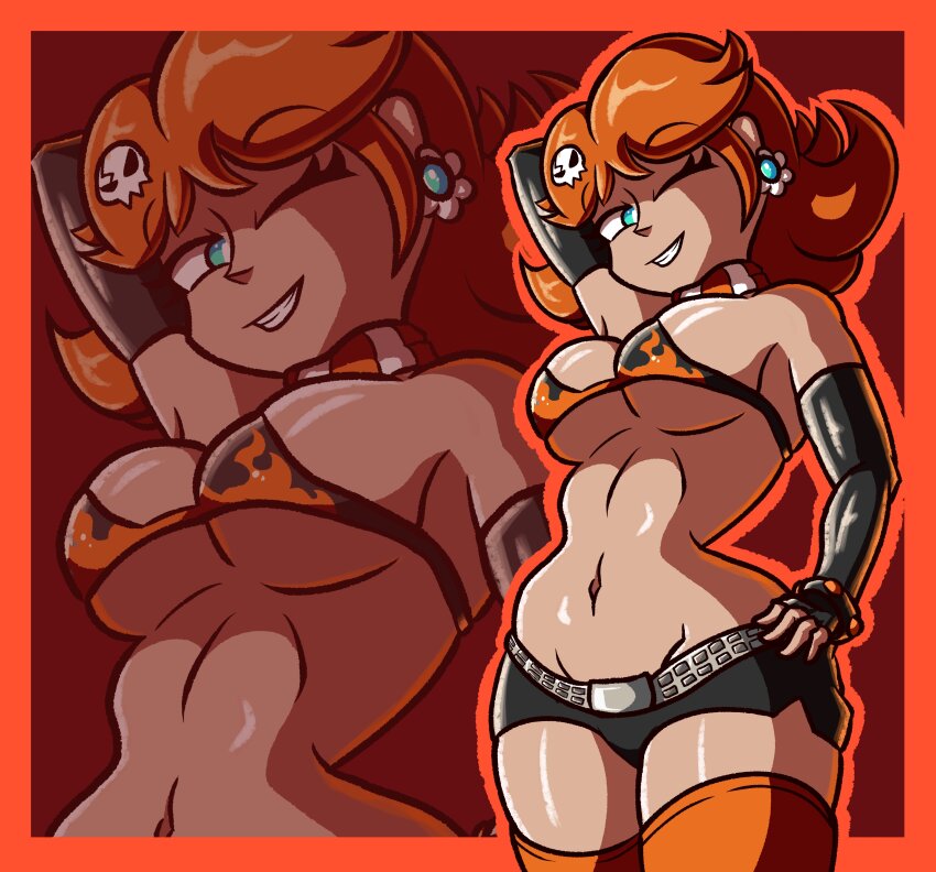 1girl absurdres arm_behind_head armpits bikini bikini_top_only blue_eyes breasts cosplay curvy fingerless_gloves gloves half-closed_eye hand_on_own_hip highres large_breasts looking_at_viewer mario_(series) midriff model_pose navel nintendo one_eye_closed orange_hair princess princess_daisy robvemoo seductive_gaze seductive_smile short_hair shorts sideboob smile swimsuit tengen_toppa_gurren_lagann thick_thighs thighs underboob wink yoko_littner yoko_littner_(cosplay)