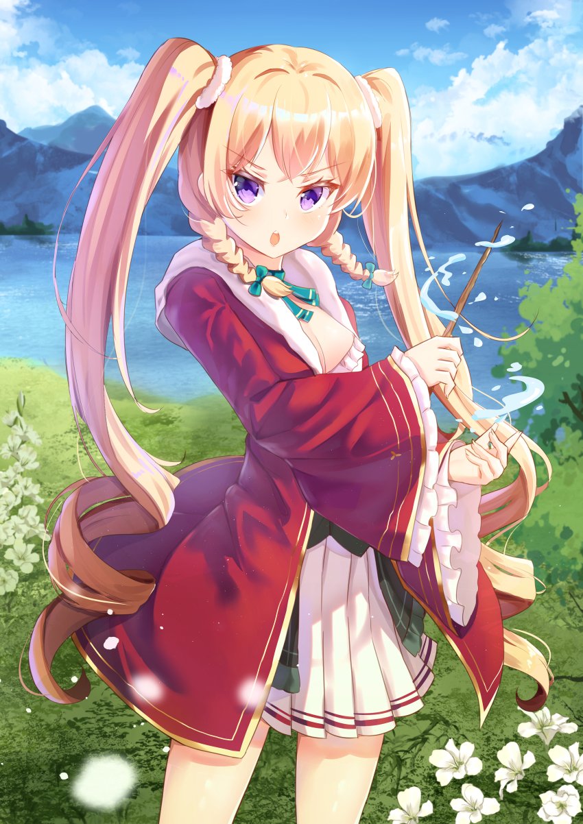 1girl absurdres blonde_hair blue_sky blush bow braid buta_koushaku cloud cloudy_sky commentary_request day female_focus flower frilled_sleeves frills grass green_bow hair_bow highres holding holding_wand holmemee hood hood_down hooded_robe lake long_hair long_sleeves mountain open_clothes open_mouth open_robe outdoors pleated_skirt purple_eyes red_robe ringlets robe skirt sky solo standing teeth twin_braids twintails upper_teeth_only v-shaped_eyebrows very_long_hair wand water white_flower white_skirt wide_sleeves