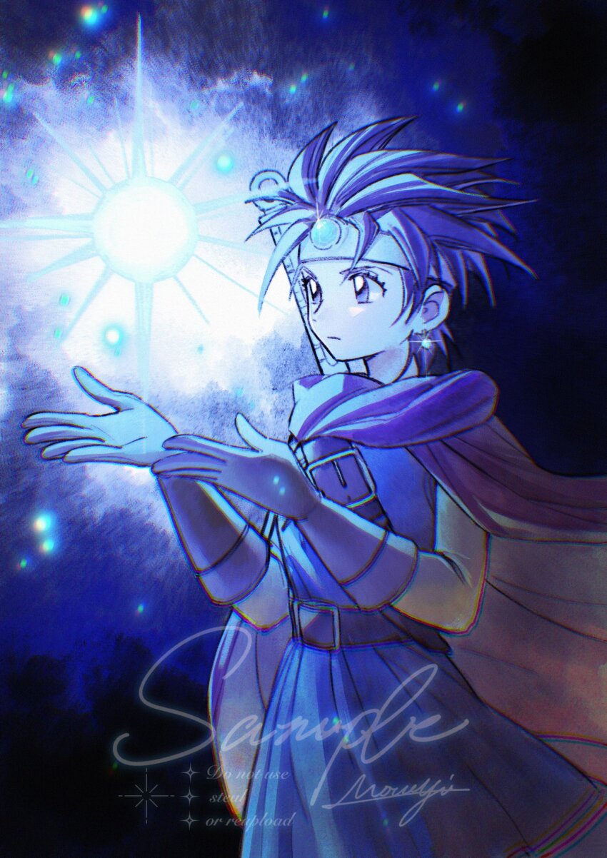 1girl aqua_gemstone belt blue_tunic brown_gloves cape chromatic_aberration circlet closed_mouth commentary dragon_quest dragon_quest_iii earrings english_commentary floating_cape gloves glowing heroine_(dq3) highres jewelry looking_at_object mouyi orb purple_eyes purple_hair red_cape roto_(dq3) sample_watermark short_hair solo spiked_hair sword sword_on_back tunic watermark weapon weapon_on_back