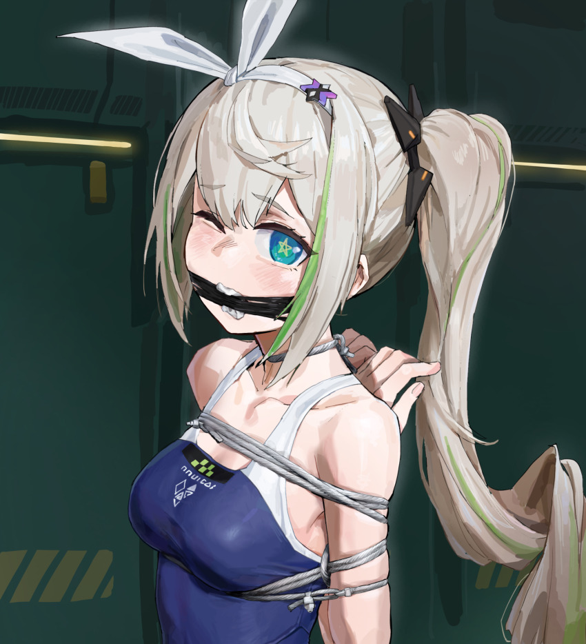 +_+ 1girl a_tea arms_behind_back bare_shoulders bdsm blonde_hair blue_eyes bondage bound breasts cloth_gag collarbone gag gagged girls&#039;_frontline hair_ribbon highres improvised_gag long_hair one-piece_swimsuit one_eye_closed restrained ribbon sharkry_(girls&#039;_frontline_2) shibari shibari_over_clothes side_ponytail sidelocks skindentation small_breasts swimsuit tape tape_gag very_long_hair