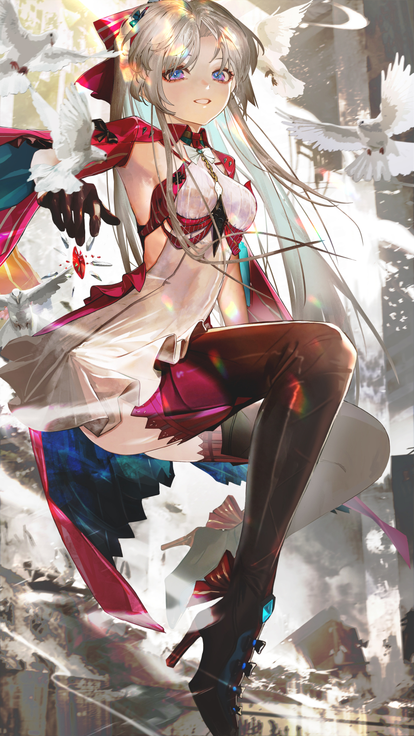 1girl absurdres bird bird_on_hand black_gloves blue_eyes boots bow breasts carlotta_(wuthering_waves) chinese_commentary commentary_request dress gloves hand_up high_heel_boots high_heels highres jacket jin_sumire long_hair looking_at_viewer medium_breasts parted_lips pink_bow pink_jacket pink_thighhighs short_dress smile solo striped_bow thigh_boots thighhighs thighhighs_under_boots very_long_hair white_bird white_dress white_hair wuthering_waves