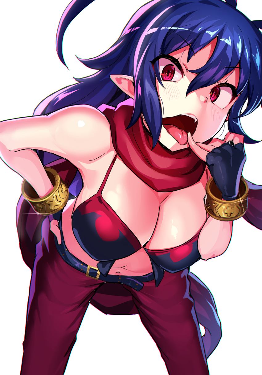 1girl absurdres antenna_hair belt bikini bikini_top_only blue_hair bracelet breasts cleavage disgaea disgaea_d2 genderswap genderswap_(mtf) hair_between_eyes highres inago jewelry laharl-chan long_hair looking_at_viewer navel open_mouth pointy_ears red_eyes scarf simple_background solo swimsuit tongue tongue_out very_long_hair white_background