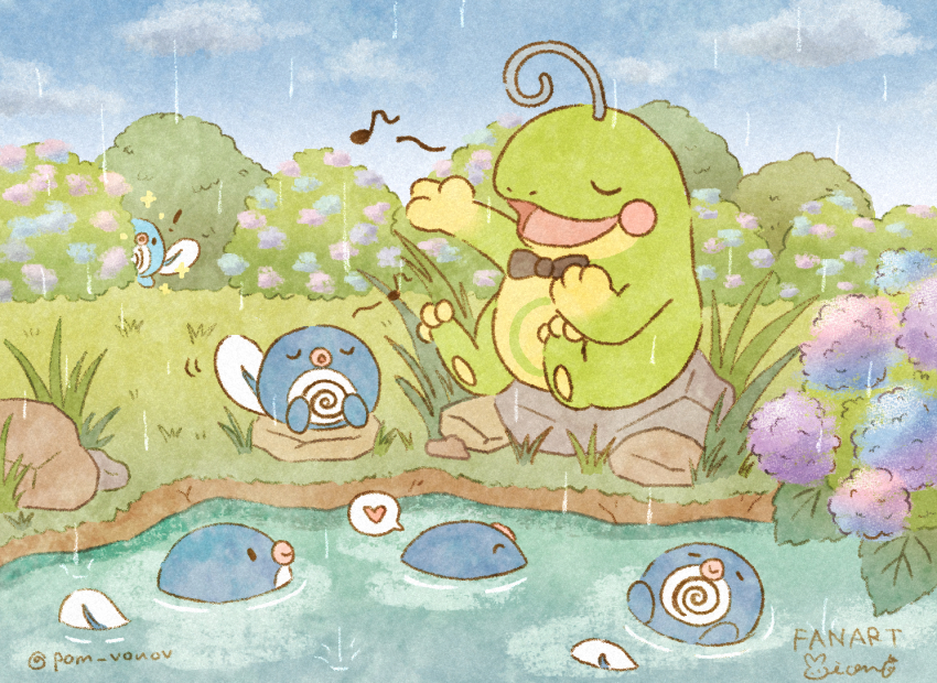 :d afloat bow bowtie bush closed_eyes commentary_request day game_freak gen_1_pokemon gen_2_pokemon grass heart mian_(user_kwcj2833) music musical_note nintendo no_humans open_mouth outdoors pokemon pokemon_(creature) politoed poliwag rain rock singing sitting smile spoken_heart tongue u_u water