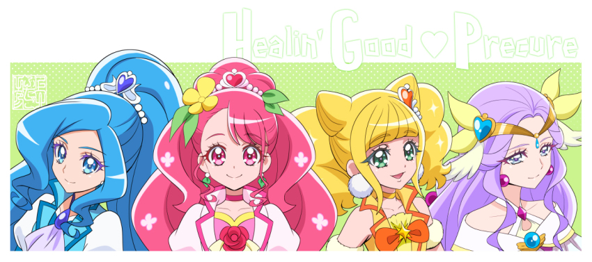 4girls artist_logo blonde_hair blue_eyes blue_hair choker commentary_request copyright_name cure_earth cure_fontaine cure_grace cure_sparkle earrings eyelashes flower fuurin_asumi green_eyes hair_flower hair_ornament hanadera_nodoka happy healin&#039;_good_precure hiramitsu_hinata jewelry kamikita_futago logo long_hair looking_at_viewer magical_girl multiple_girls pink_choker pink_eyes pink_hair pom_pom_(clothes) pom_pom_earrings ponytail precure puffy_sleeves purple_eyes purple_hair sawaizumi_chiyu smile twintails
