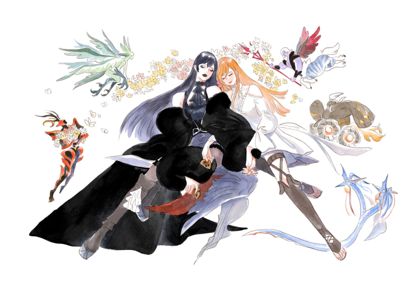 2girls biscuit_(bread) black_hair black_vs_white brown_hair dress final_fantasy final_fantasy_xiv gaia_(ff14) garuda_(final_fantasy) holding_hands hwei ifrit_(final_fantasy) leaning_on_person leviathan_(final_fantasy) long_hair multiple_girls ramuh ryne_waters simple_background titania_(final_fantasy) yuri