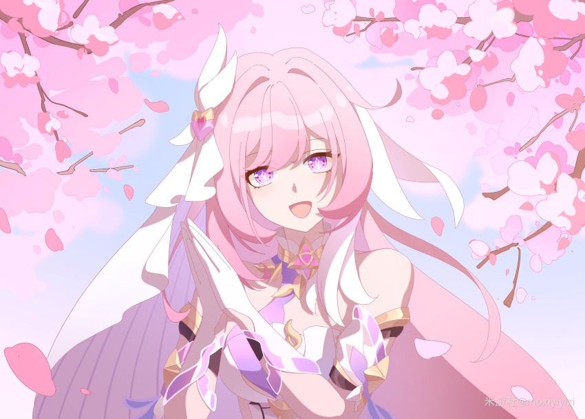 1girl absurdres blue_sky breasts cherry_blossoms chinese_commentary commentary_request diamond-shaped_pupils diamond_(shape) elysia_(herrscher_of_human:_ego)_(honkai_impact) elysia_(honkai_impact) falling_petals gloves highres honkai_(series) honkai_impact_3rd large_breasts long_hair looking_at_viewer miyoushe_watermark moxiyiyizi open_mouth own_hands_together petals pink_hair purple_eyes sky solo symbol-shaped_pupils triquetra upper_body veil very_long_hair watermark white_gloves white_veil