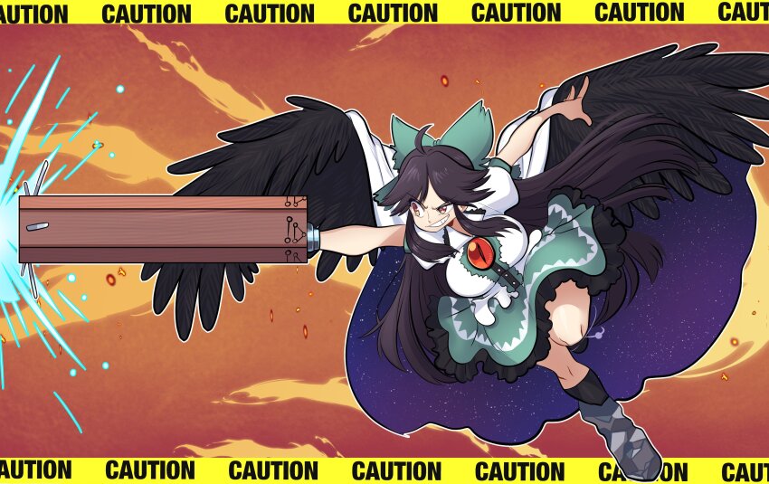 1girl absurdres arm_cannon black_hair black_socks black_wings bow breasts brown_eyes cape commentary english_commentary feathered_wings frilled_skirt frills full_body green_bow green_skirt grin hair_bow highres kneehighs large_breasts leg_up long_hair missandydandy puffy_short_sleeves puffy_sleeves reiuji_utsuho shirt short_sleeves skirt smile socks solo touhou two-sided_cape two-sided_fabric uneven_eyes very_long_hair weapon white_shirt wings