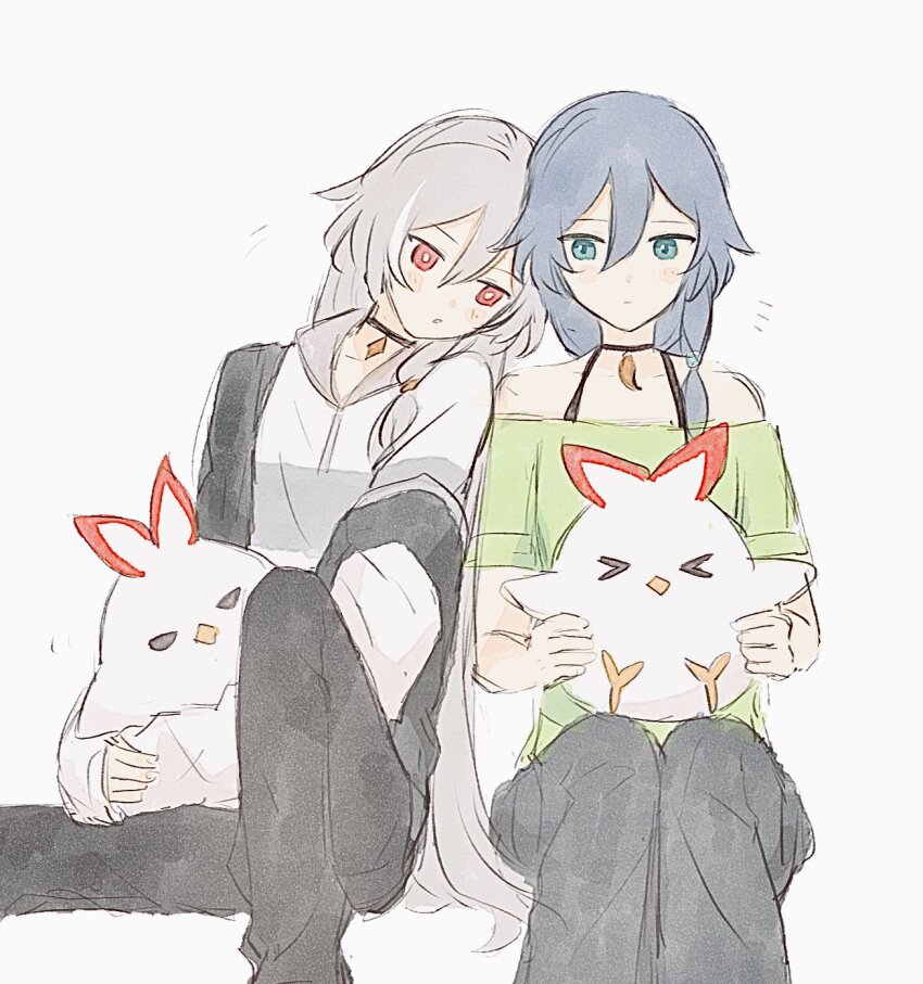 &gt;_&lt; 2girls :o black_pants blue_eyes closed_eyes closed_mouth collarbone commentary_request fu_hua herrscher_of_sentience green_shirt grey_background grey_hair hair_between_eyes highres honkai_(series) honkai_impact_3rd jingwei_(bird) long_hair long_sleeves multicolored_hair multiple_girls off-shoulder_shirt off_shoulder pants parted_lips red_eyes shirt short_sleeves simple_background sitting sleeves_past_wrists streaked_hair tya_tya_3rd very_long_hair white_hair white_shirt