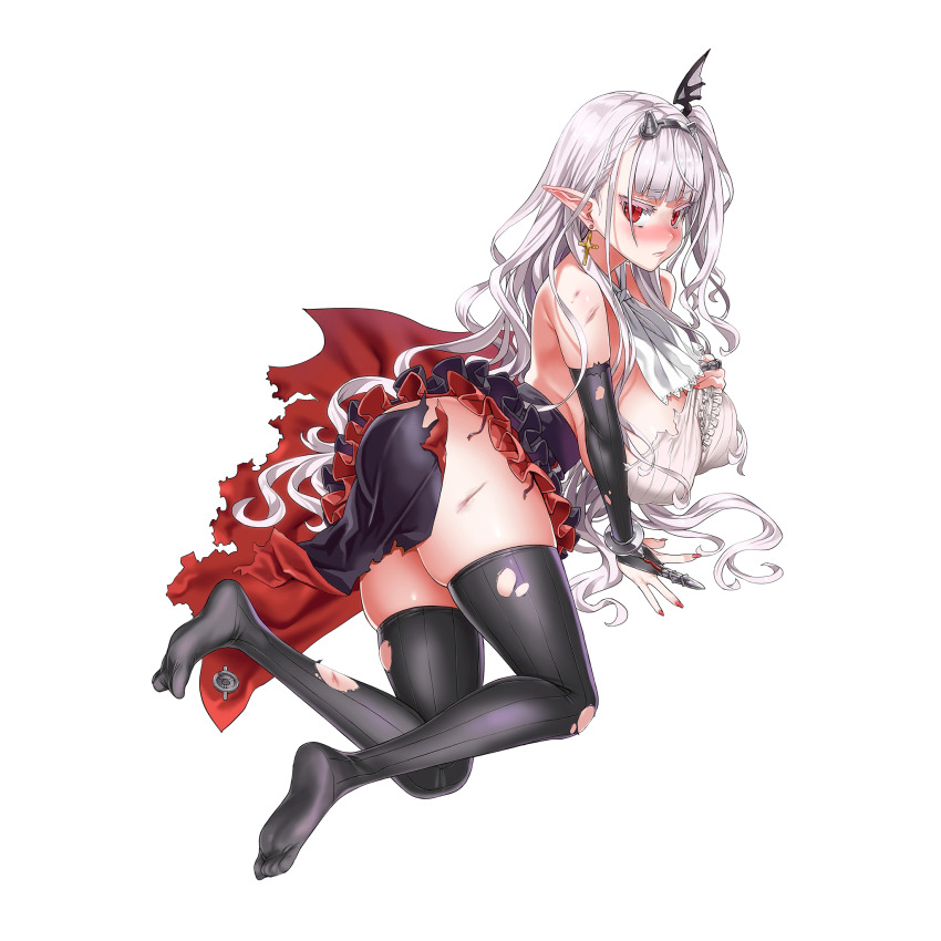 1girl asanagi ascot ass black_gloves black_skirt black_thighhighs blush breasts broken_horn cape claw_ring colored_eyelashes covered_erect_nipples cross cross_earrings damaged defeat draculina_(last_origin) earrings elbow_gloves fake_horns feet frilled_shirt frilled_skirt frills frown full_body game_cg gloves hair_ornament hair_over_breasts hand_on_ground hand_on_own_chest highres horns huge_breasts injury jewelry last_origin layered_skirt long_hair looking_at_viewer looking_to_the_side miniskirt nail_polish nose_blush official_art partially_fingerless_gloves pointy_ears red_cape red_nails red_skirt ribbed_gloves ribbed_legwear ribbed_shirt shirt sideboob simple_background skindentation skirt solo tachi-e thighhighs third-party_source torn_cape torn_clothes torn_gloves torn_shirt torn_thighhighs transparent_background vampire very_long_hair white_ascot white_hair white_shirt wing_hair_ornament