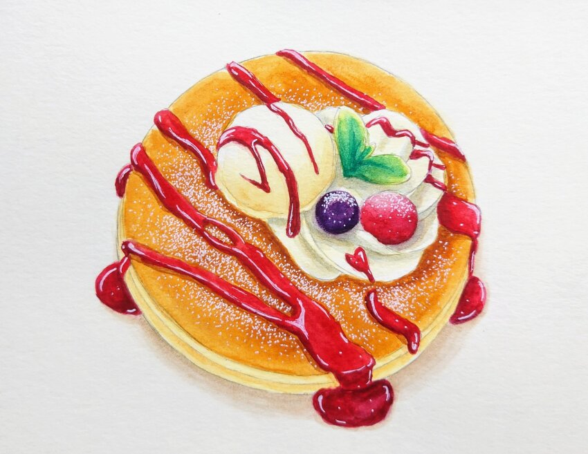 blueberry food food_focus fruit grey_background highres laia_alkaloid no_humans original pancake raspberry simple_background strawberry_syrup granulated_sugar whipped_cream