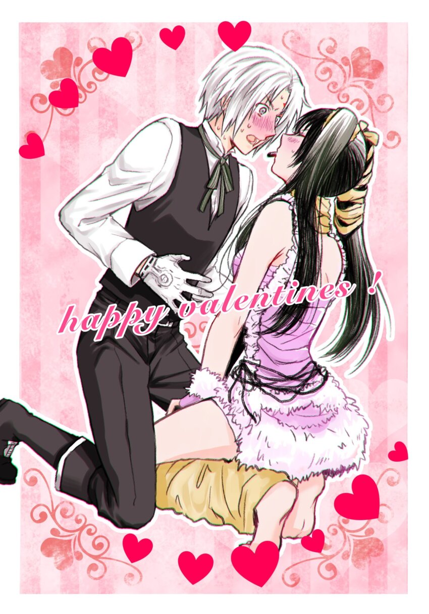 1boy 1girl allen_walker asukawvm bare_arms bare_shoulders barefoot belt black_boots black_hair black_pants black_vest blush boots closed_eyes couple d.gray-man dress dress_shirt facial_mark fingerless_gloves food fur-trimmed_dress fur-trimmed_gloves fur_trim gloves green_ribbon grey_eyes hair_between_eyes hair_over_shoulder hair_ribbon happy_valentine heart highres kneeling leg_warmers lenalee_lee long_hair looking_at_another open_mouth pants pink_background pink_dress pink_gloves pocky pocky_kiss ribbon scar scar_on_face shared_food shirt short_dress short_hair sidelocks single_glove striped_background sweat sweatdrop thighs twintails vest white_fur white_gloves white_hair white_shirt yellow_leg_warmers yellow_ribbon