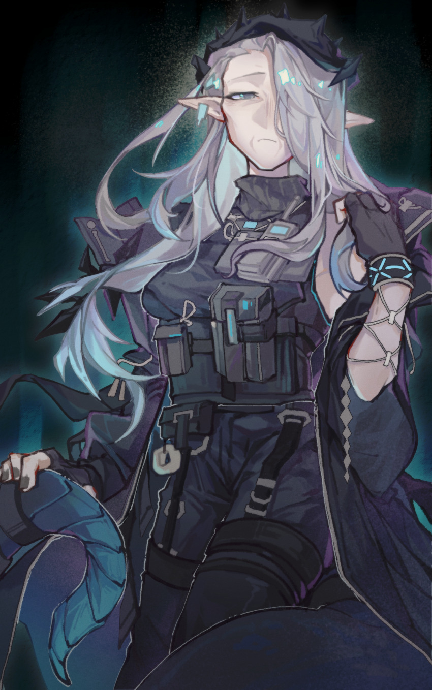 1girl absurdres aqua_eyes aqua_hair arknights commission grey_hair hair_over_one_eye highres long_hair mantra_(arknights) old old_woman pointy_ears solo waiaaaaaaa yueqiu73883