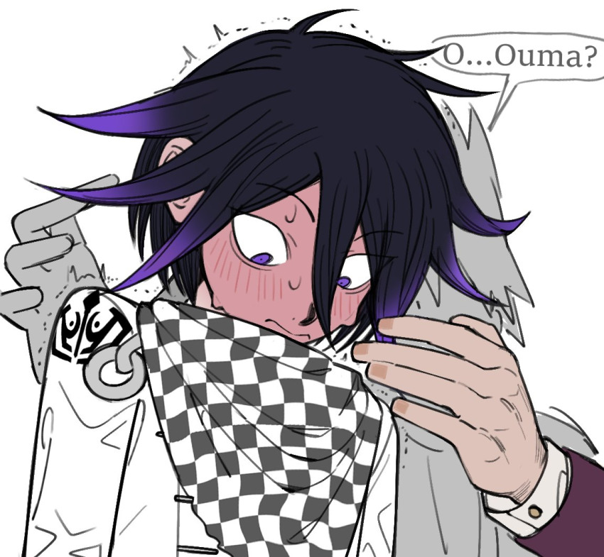 2boys black_hair blush checkered_neckerchief danganronpa_(series) danganronpa_v3:_killing_harmony hair_between_eyes long_sleeves male_focus miri_(bossu_osu) momota_kaito multicolored_hair multiple_boys neckerchief oma_kokichi pink_eyes purple_hair solo_focus speech_bubble trembling two-tone_hair white_background