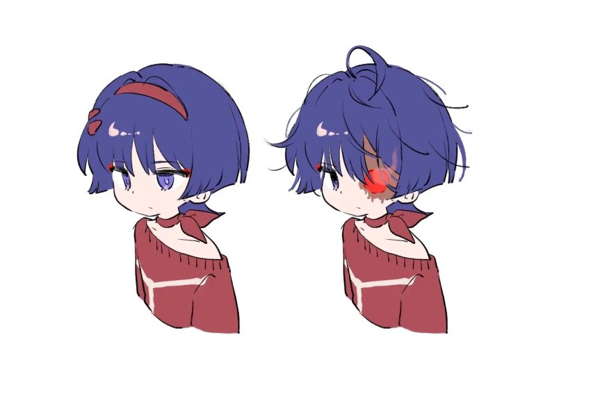 ahoge alternate_costume blunt_ends bright_pupils burn_scar choker closed_mouth collarbone cosplay crazy_mita_(miside) eyeliner eyeshadow genshin_impact glowing glowing_eye hair_intakes hairband heterochromia looking_to_the_side makeup messy_hair miside mita_(miside) mita_(miside)_(cosplay) multiple_views purple_eyes purple_hair red_choker red_eyeliner red_eyes red_eyeshadow red_hairband red_shirt red_sleeves ribbed_collar scar scaramouche_(genshin_impact) shirt three-quarter_sleeves white_background white_pupils yabai87913329