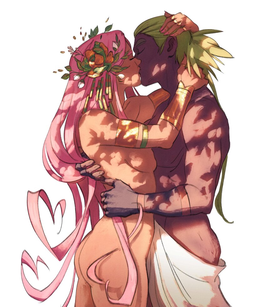 1boy 1girl absurdres adonis_(dianaii) aphrodite_(hades) ass breast_press breasts closed_eyes completely_nude couple dark-skinned_male dark_skin dianaii flower from_side greek_mythology hades_(series) hades_1 hair_flower hair_ornament hand_on_another&#039;s_head hand_on_another&#039;s_neck hands_on_another&#039;s_back hetero highres hug interracial kiss long_hair medium_breasts nude original pink_hair simple_background straight_hair very_dark_skin white_background