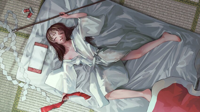 1girl absurdres alternate_costume barefoot blanket brown_hair closed_eyes commentary_request dedemaru full_body futon gohei hakurei_reimu highres holding holding_gohei japanese_clothes kimono long_hair long_sleeves lying messy_sleeper on_back open_mouth pillow single_bare_shoulder sleeping sleepwear solo sweat tatami toes touhou untied_ribbon white_kimono wide_sleeves