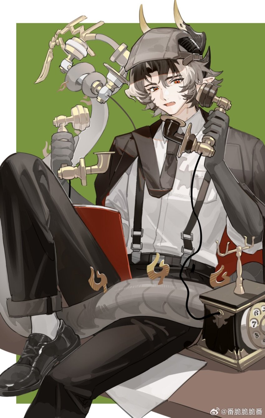 1boy alternate_costume antique_phone arknights black_jacket black_necktie black_pants black_shoes brown_hair chestnut_mouth chinese_commentary chongyue_(arknights) collared_shirt commentary_request desk dragon_boy dragon_horns dragon_tail foot_out_of_frame green_background grey_hat hat highres holding holding_with_tail horns jacket male_focus multicolored_hair necktie nervous_sweating pants paper pointy_ears prehensile_tail red_eyes shirt shoes simple_background sitting socks solo streaked_hair suspenders sweat tail tuoshui_fan_fanqie watermark weibo_watermark white_background white_shirt white_socks