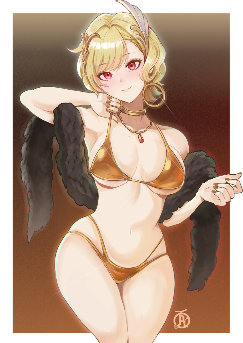 1girl alternate_costume bikini blonde_hair border breasts brown_background citrinne_(fire_emblem) collarbone commentary cowboy_shot earrings fire_emblem fire_emblem_engage gold_bikini golden_week highres jewelry medium_breasts navel nintendo pendant purple_eyes revolverwing short_hair sideboob simple_background skindentation solo stomach swimsuit thighs underboob white_border wide_hips