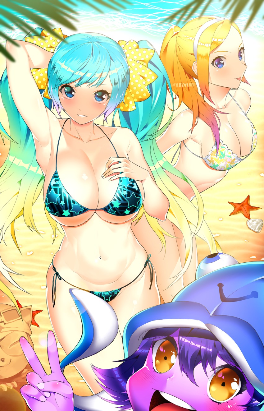 3girls :p alternate_costume arm_behind_head armpits bad_id bad_pixiv_id bikini blonde_hair blue_eyes blue_hair breasts cleavage collarbone colored_skin curvy day ddoalo gradient_hair hair_ornament hairband hand_on_breast highres large_breasts league_of_legends long_hair looking_at_viewer lulu_(league_of_legends) lux_(league_of_legends) multicolored_hair multiple_girls navel outdoors parted_lips ponytail pool_party_lulu purple_hair purple_skin side-tie_bikini_bottom smile sona_(league_of_legends) swimsuit teemo tongue tongue_out twintails underboob v yellow_eyes