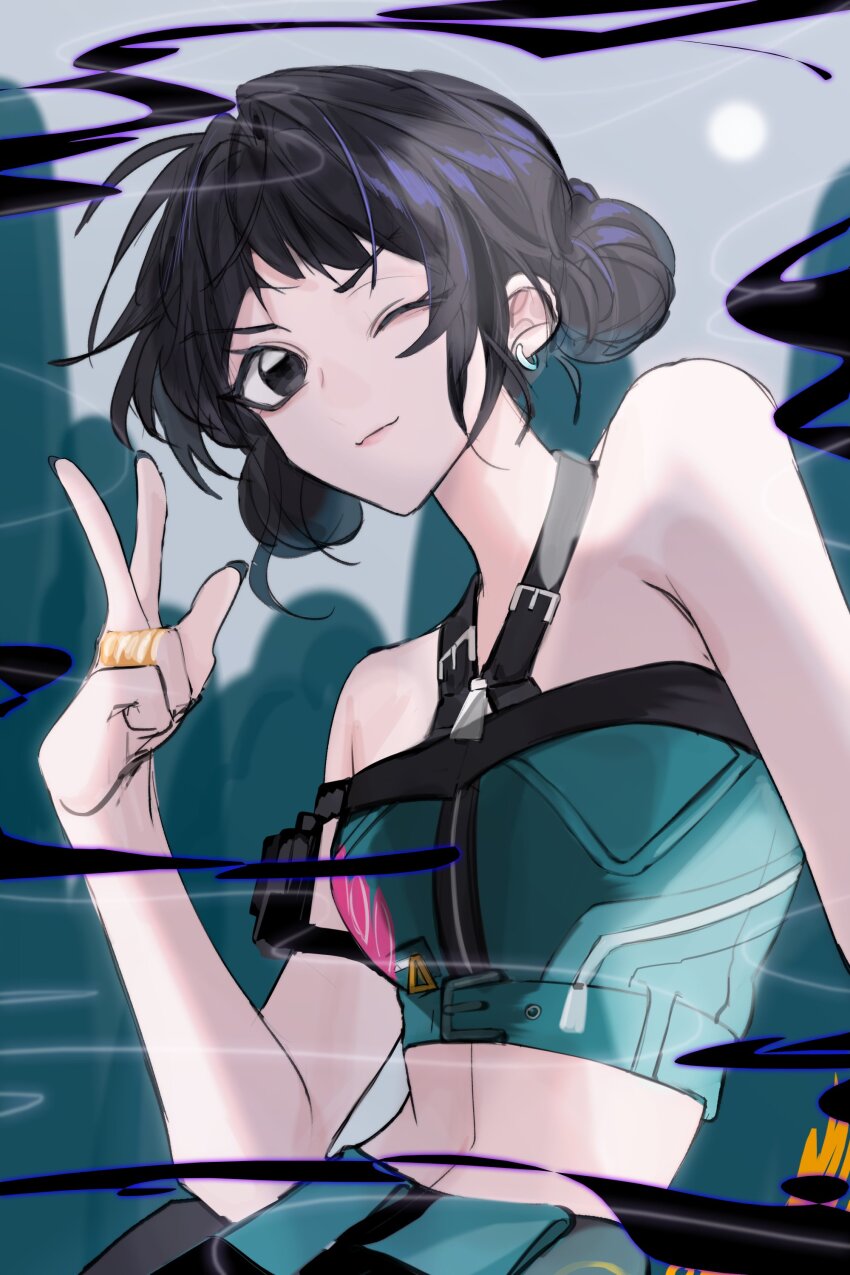 1girl absurdres bare_shoulders black_eyes black_hair black_nails blurry blurry_background closed_mouth crop_top double_bun earrings hair_bun halterneck hayu_beck highres jewelry kpop_demon_hunters light_smile looking_at_viewer one_eye_closed short_bangs short_hair solo upper_body w zipper zoey_(kpop_demon_hunters)