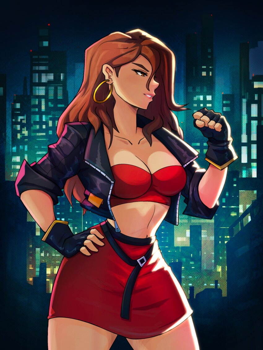 1girl absurdres blaze_fielding breasts brown_hair cityscape cleavage earrings fingerless_gloves gloves highres jacket jewelry large_breasts long_hair midriff sega skirt solo streets_of_rage streets_of_rage_4