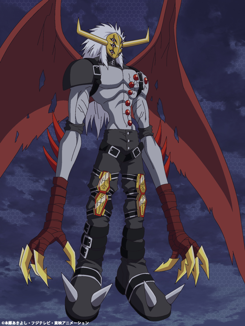 1boy claws copyright_name creepy demon_wings digimon digimon_(creature) digimon_adventure:_(2020) highres horned_mask horns long_hair mask muscular neodevimon night night_sky official_art pectorals red_wings sky third-party_edit white_hair wings