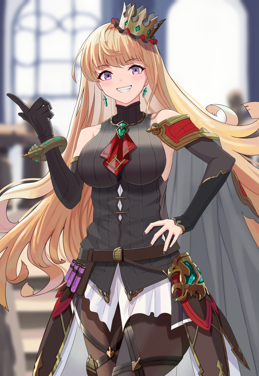 1girl absurdres asymmetrical_gloves black_gloves blonde_hair blurry blurry_background breasts cagliostro_(granblue_fantasy) crown earrings gloves granblue_fantasy hand_on_own_hip highres jewelry large_breasts long_hair madori_(madori151) official_alternate_costume pantyhose purple_eyes sleeveless smile solo teeth