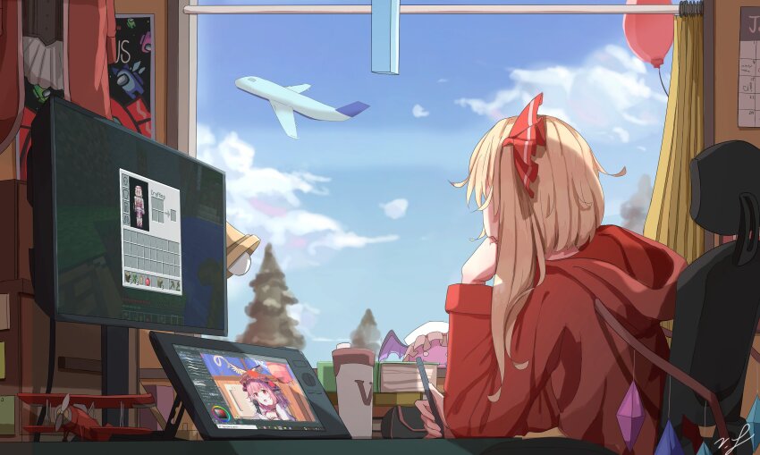 1girl absurdres aircraft airplane among_us balloon blonde_hair blue_(among_us) chair cirno crystal curtains flandre_scarlet green_(among_us) highres holding holding_stylus hood hoodie indoors long_hair long_sleeves microsoft_windows minecraft monitor mystia_lorelei one_side_up pink_(among_us) red_hoodie signature sitting solo stylus touhou vanilla_flan windows_10 wings