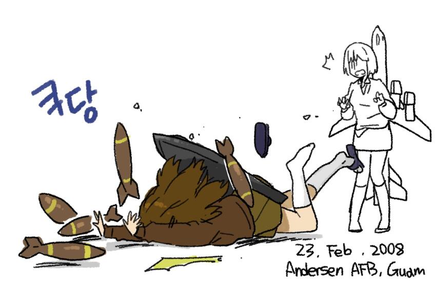 2girls aerial_bomb aircraft airplane anyan_(jooho) b-2_(flight_highschool) b-2_spirit b-52_(flight_highschool) b-52_stratofortress bomb bomber brown_hair english_text explosive falling flight_highschool flip-flops highres historical_event korean_commentary military military_vehicle multiple_girls original sandals socks sound_effects surprised tripping white_socks