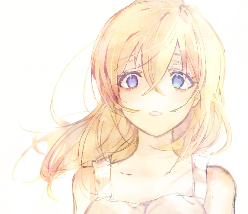 1girl anoko_(darenokoanoko) bare_shoulders blonde_hair blue_eyes collarbone commentary_request crossed_bangs dress floating_hair hair_between_eyes highres kingdom_hearts kingdom_hearts:_chain_of_memories kingdom_hearts_ii long_hair looking_at_viewer namine simple_background sleeveless sleeveless_dress solo upper_body white_background white_dress