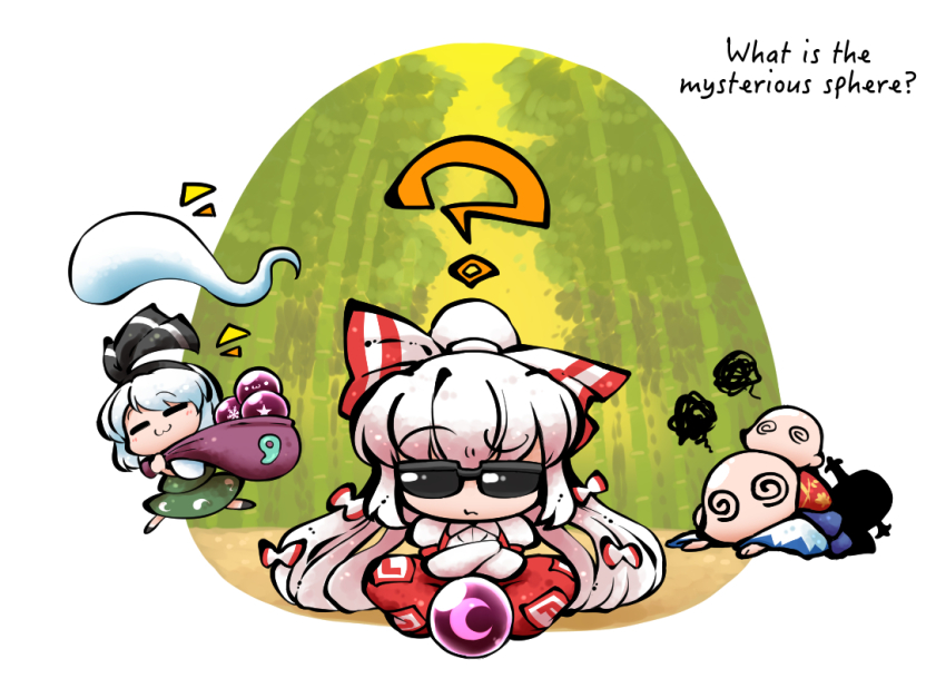 4girls =_= ? @_@ bald bamboo bamboo_forest chibi english_text forest fujiwara_no_mokou kashuu_(b-q) konpaku_youmu konpaku_youmu_(ghost) kumoi_ichirin multiple_girls nature occult_ball ponytail sitting squiggle sukuna_shinmyoumaru sunglasses touhou white_hair