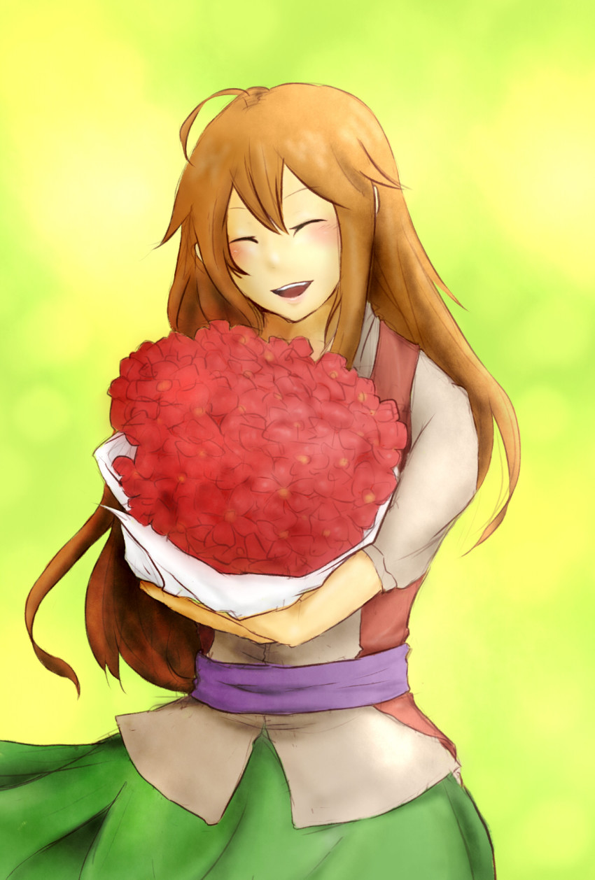 1girl aged_up ahoge blush bouquet brown_hair closed_eyes commentary_request dress female_focus flower gradient_background highres holding lips long_hair maria_(shiro_wa_kono_mahoutsukai) nao open_mouth shiro_wa_kono_mahoutsukai shirohako_no_mahoutsukai sidelocks smile solo
