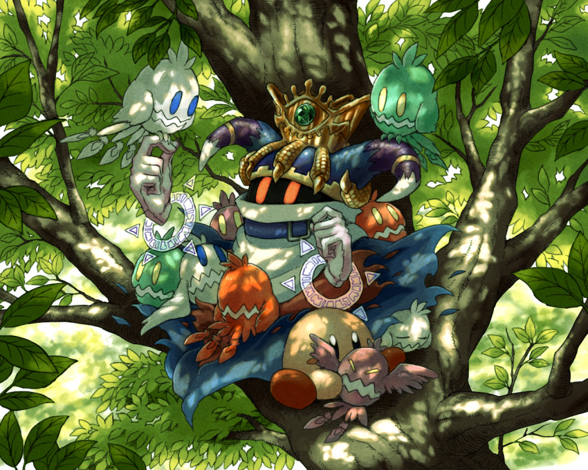 closed_eyes crown dappled_sunlight doomer_(kirby) gloves hyaku_(momongamomomo) in_tree kirby kirby&#039;s_return_to_dream_land kirby_(series) magolor master_crown nintendo rayman_limbs red_eyes sitting sitting_in_tree solid_oval_eyes sphere_doomer sunlight traitor_magolor tree white_gloves wings