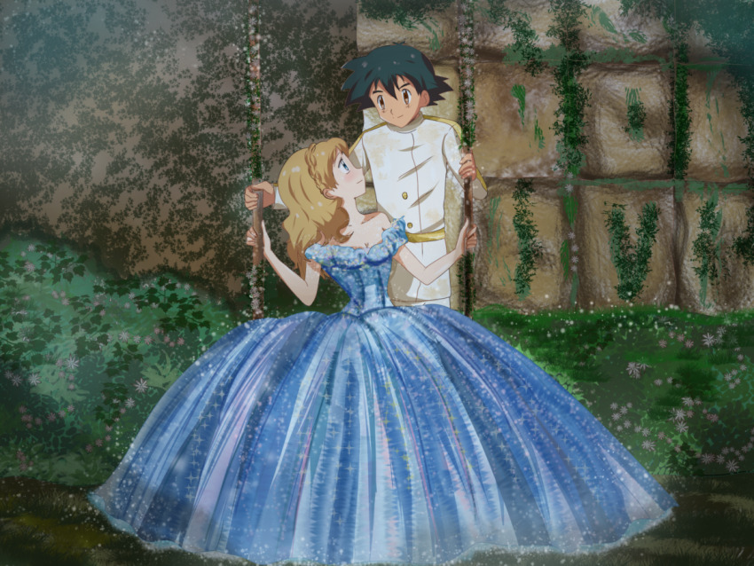 alternate_costume ash_ketchum ball_gown blonde_hair blue_dress blue_eyes cinderella cinderella_(disney) cinderella_(disney)_(cosplay) cosplay creatures_(company) dress floral_background game_freak hikariangelove nintendo on_swing pokemon pokemon_(anime) pokemon_(classic_anime) prince_charming_(disney) prince_charming_(disney)_(cosplay) serena_(pokemon) swing