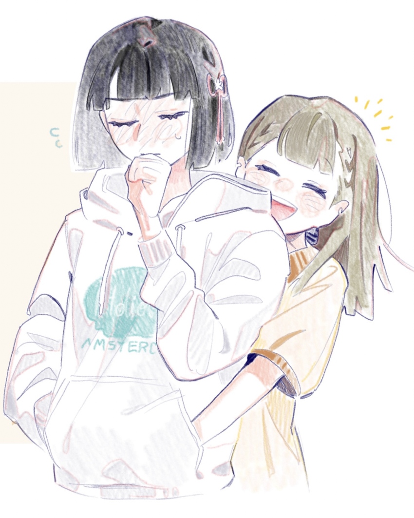 2girls :d ^_^ black_bow black_hair blunt_bangs blunt_ends blush bob_cut bow braid brown_hair center-flap_bangs closed_eyes commentary dated_commentary flower flower_knot flying_sweatdrops full-face_blush hair_bow hair_flower hair_ornament hand_in_another&#039;s_pocket hand_in_pocket hand_on_own_chin highres hood hoodie kachimachi_kosuzu kachimachi_kosuzu_(summer_training_wear) link!_like!_love_live! long_hair long_sleeves love_live! momose_ginko momose_ginko_(summer_training_wear) multiple_girls official_alternate_costume open_mouth pipi_(m1x_mix) shared_pocket shirt short_hair short_sleeves side_braids smile teeth upper_teeth_only virtual_youtuber white_flower white_hoodie yellow_shirt