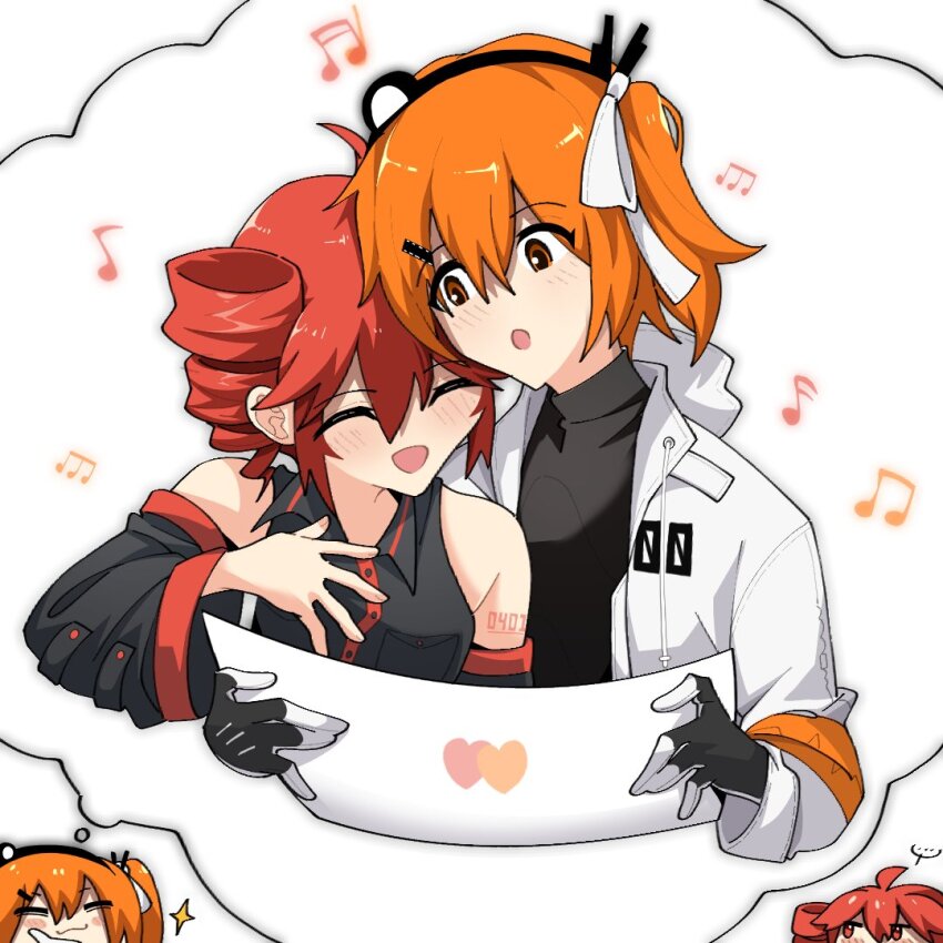 2girls a.i._voice adachi_rei bare_shoulders black_shirt black_sleeves closed_eyes collared_shirt commentary_request detached_sleeves drill_hair duet gloves hair_ornament hair_ribbon hand_on_own_chest headlamp heart holding jacket kasane_teto kasane_teto_(utau) long_sleeves medium_hair multiple_girls multiple_views music musical_note one_side_up open_clothes open_jacket open_mouth orange_eyes orange_hair red_hair ribbon shirt simple_background singing sleeveless sleeveless_shirt speech_bubble thought_bubble turtleneck twin_drills upper_body utau white_background white_jacket white_ribbon yi_xing_luren