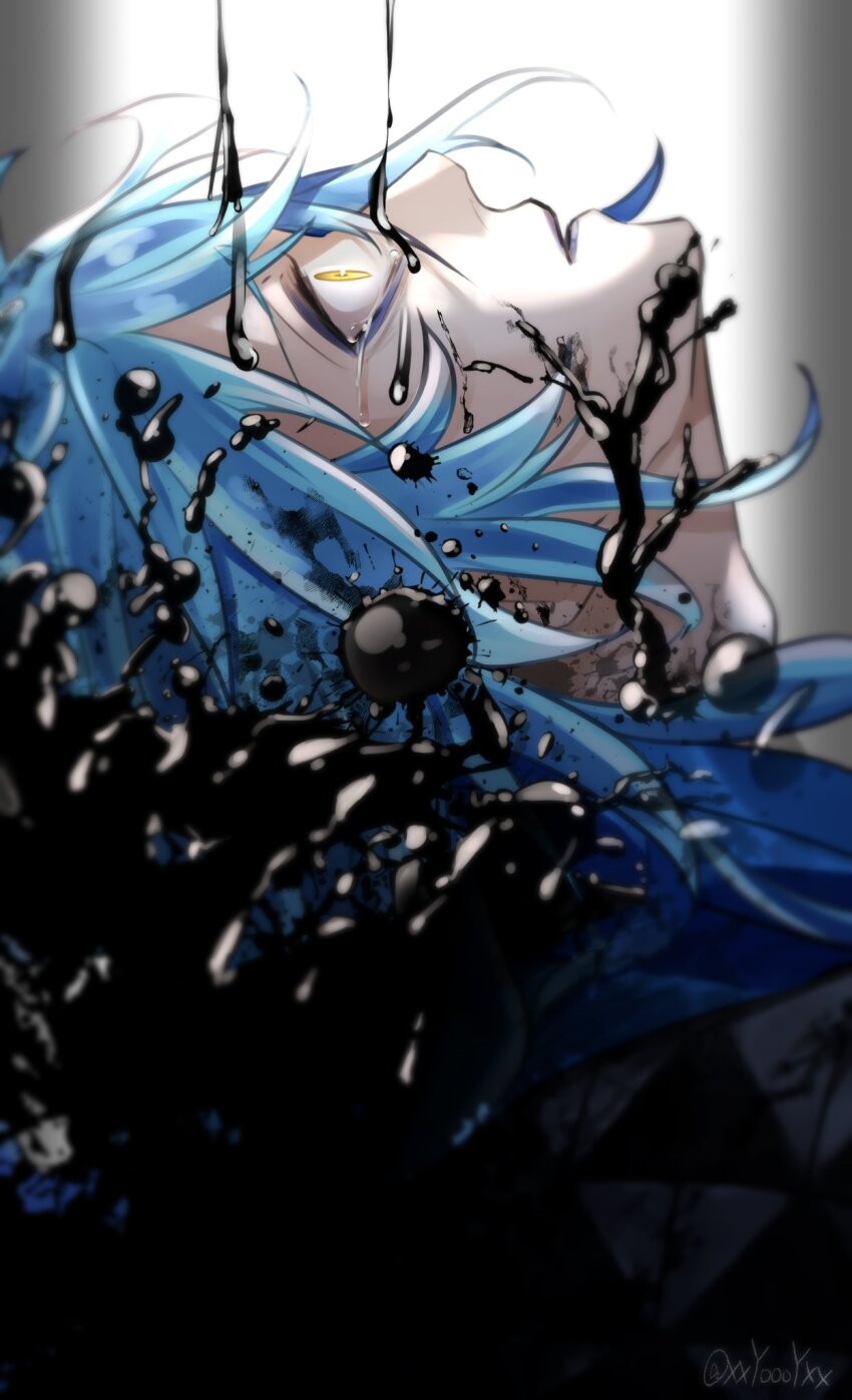 1boy artist_name blue_eyeshadow blue_hair blue_lips commentary constricted_pupils crying crying_with_eyes_open eyeshadow highres idia_shroud ink ink_on_face ink_splatter ink_stain looking_up makeup male_focus parted_lips simple_background solo tears twisted_wonderland twitter_username white_background wide-eyed xxyoooyxx yellow_eyes