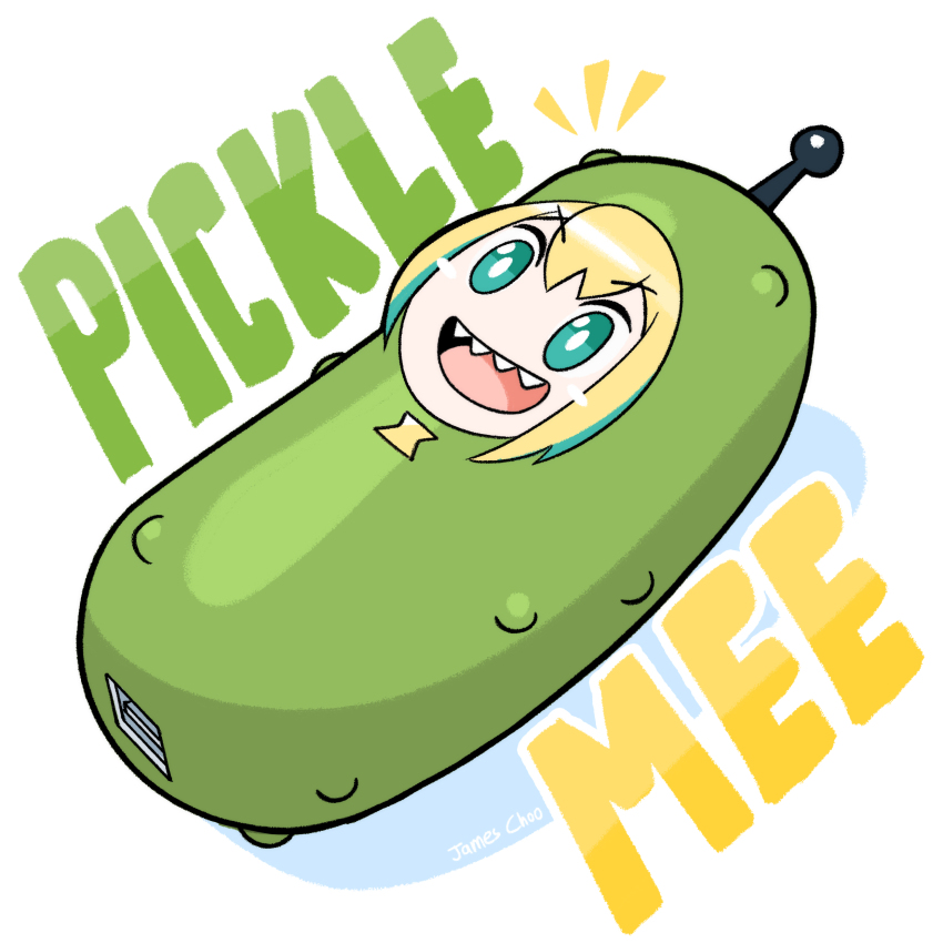 1girl absurdres amano_pikamee artist_name blonde_hair blue_eyes highres james_choo meme objectification open_mouth pickle pun rick_and_morty sharp_teeth simple_background solo teeth virtual_youtuber voms white_background