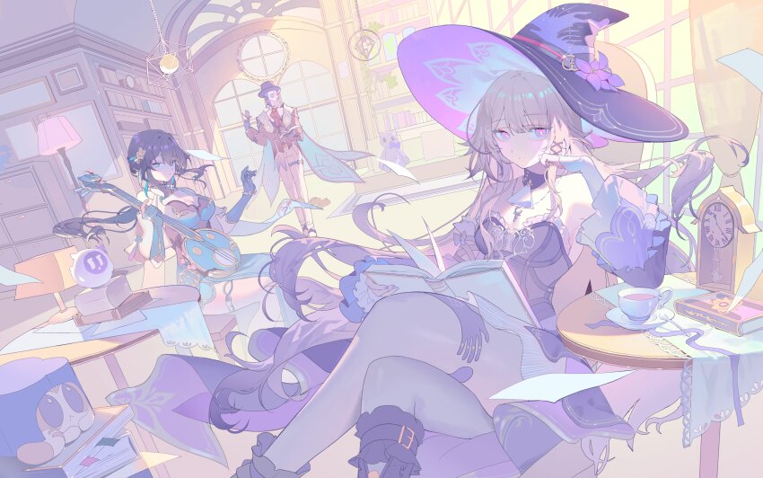 1boy 2girls absurdres ascot bare_shoulders black_hair blunt_bangs book boots breasts character_request cleavage clock crossed_legs cup detached_sleeves dress frilled_sleeves frills gloves grey_hair hashtag-only_commentary hat herta_(honkai:_star_rail) highres holding holding_book holding_instrument honkai:_star_rail honkai_(series) indoors instrument jewelry looking_at_viewer luzi/fengli_nanzi medium_breasts multiple_girls pantyhose purple_eyes sitting the_herta_(honkai:_star_rail) thighlet white_ascot witch_hat