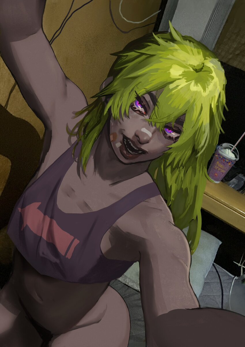 1girl bandaid bandaid_on_cheek bandaid_on_face bandaid_on_nose bottomless brown_lips commentary_request crop_top cup dark-skinned_female dark_skin disposable_cup drinking_straw grey_tank_top grimace_shake_(meme) hair_between_eyes highres indoors long_hair meme messy_hair metham milkshake nose open_mouth original print_shirt purple_eyes sarin_(metham) selfie shirt solo tank_top teeth
