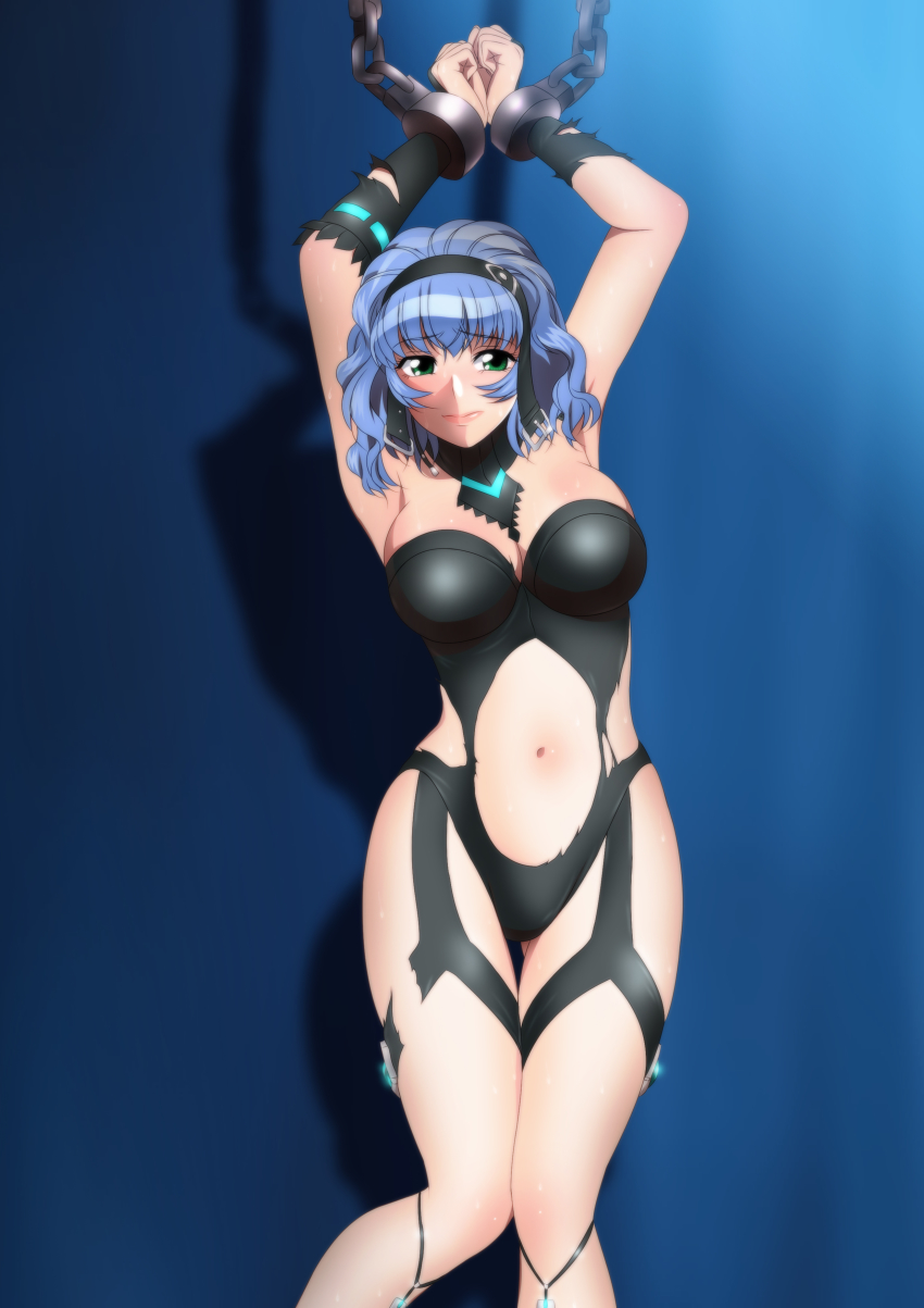 1girl absurdres aqua_centolm armpits arms_up bare_shoulders blue_background blue_hair blush breasts cleavage closed_mouth cuffs detached_collar embarrassed female_focus gradient_background green_eyes groin highres knees_together_feet_apart large_breasts legs navel restrained revealing_clothes short_hair simple_background solo standing super_robot_wars super_robot_wars_original_generation thigh_gap thighs torn_clothes yadokari_genpachirou