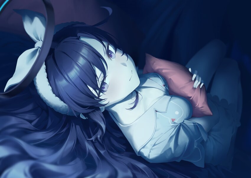 1girl absurdres animal_print black_halo blue_archive blue_pajamas blurry blush bow breasts cat_print cleavage closed_mouth commentary_request depth_of_field dutch_angle foreshortening frown gaoqiaoyuyin_takahashi hair_bow hair_down hair_spread_out halo highres hugging_object indoors knees_up long_hair looking_at_viewer lying mechanical_halo medium_breasts night official_alternate_costume official_alternate_hairstyle on_back pajamas pillow pillow_hug print_pajamas purple_eyes purple_hair red_pupils short_sleeves solo split_mouth v-shaped_eyebrows white_bow yuuka_(blue_archive) yuuka_(pajamas)_(blue_archive)